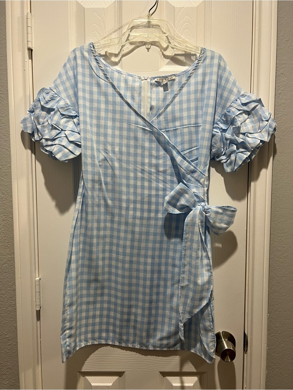 Haute Monde Light Blue and White Gingham Dress with Puff Shoulders